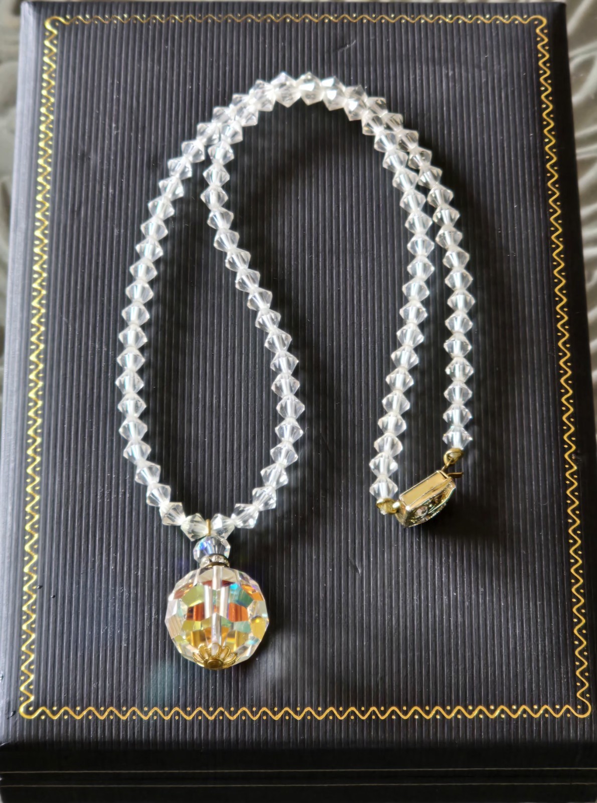 CZECH AURORA BOREALIS CRYSTAL BALL w CRYSTAL CHAIN PENDANT NECKLACE☆FILIGREE CAP