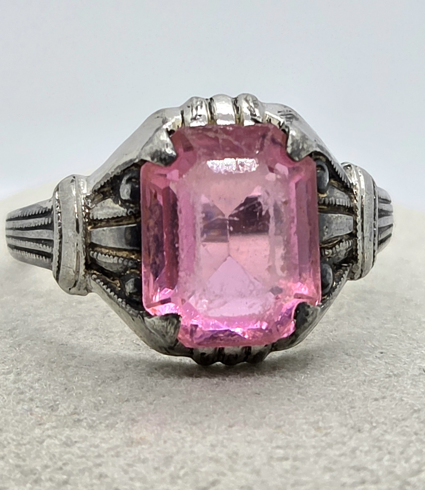 Vintage Ostby & Barton OB Art Deco Ring 925 Sterling Silver Pink Glass Size 6.75
