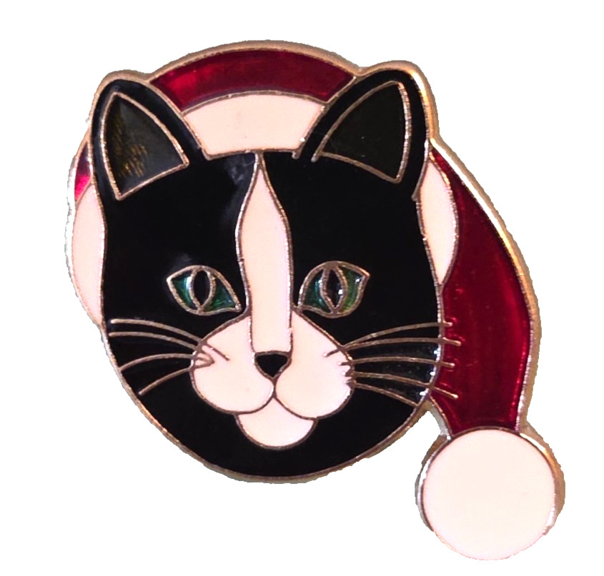 Kitty Cat Cloisonne Pin Brooch Gold Tone in Santa Hat Cap 1” Enamel