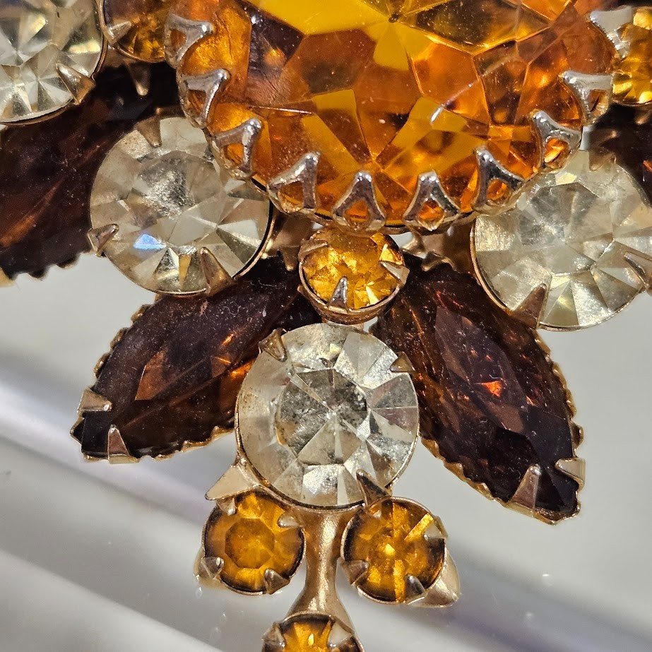 Judy Lee Vintage Golden Brown Yellow Stones Layered Flower Gold Tone Brooch Pin