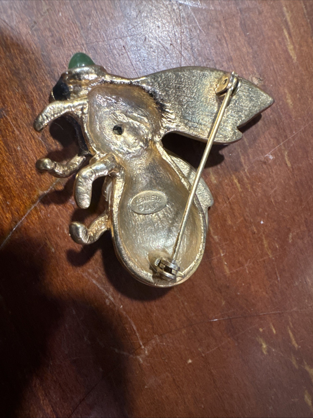 Vintage Kenneth J Lane Bee Brooch Black & White Enamel, Crystals, Green cabochon