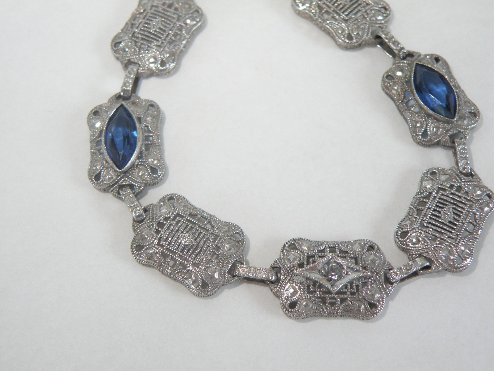 Art Deco Sterling Silver Sapphire Paste Filigree Station Antique Bracelet 7.5″