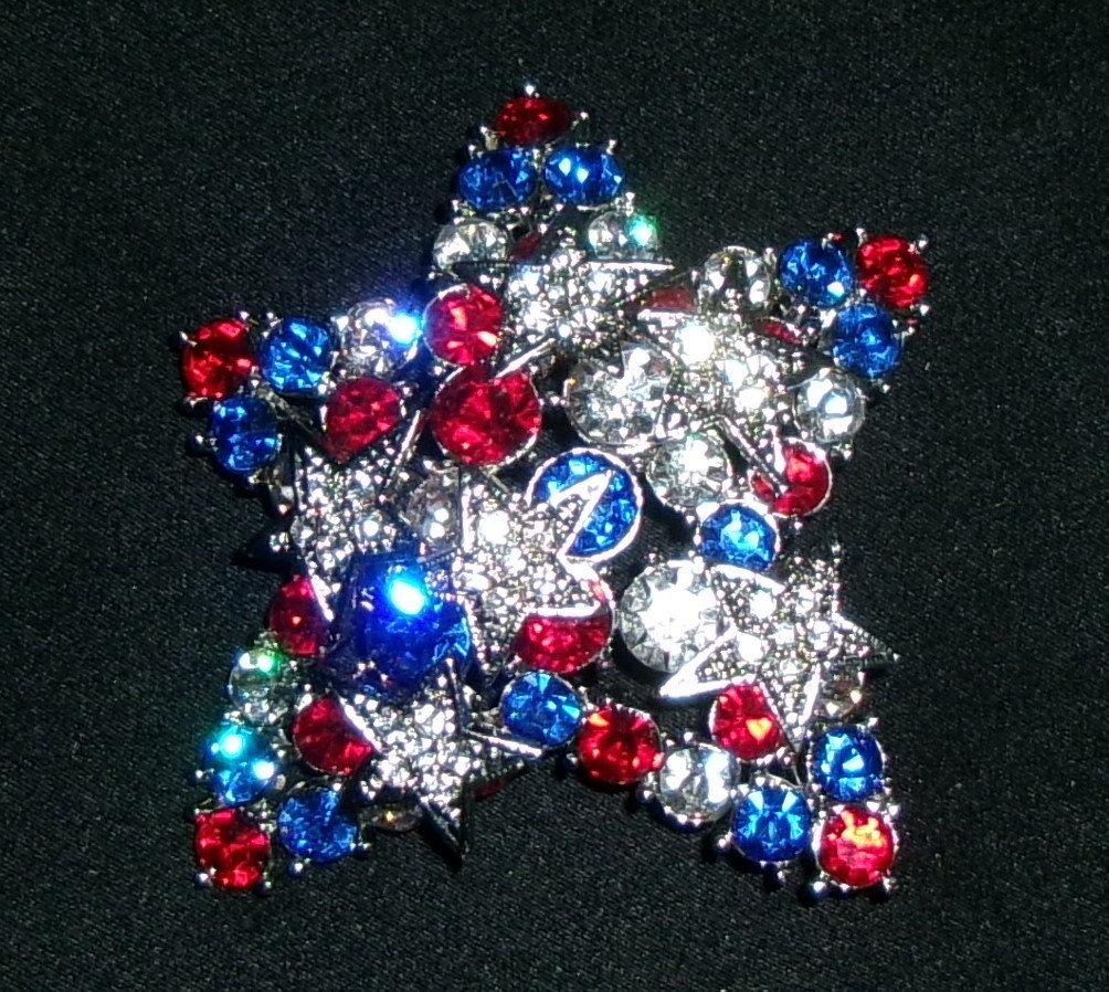 Vintage Patriotic Star Brooch Red Clear Blue Rhinestones Layered Stones Estate