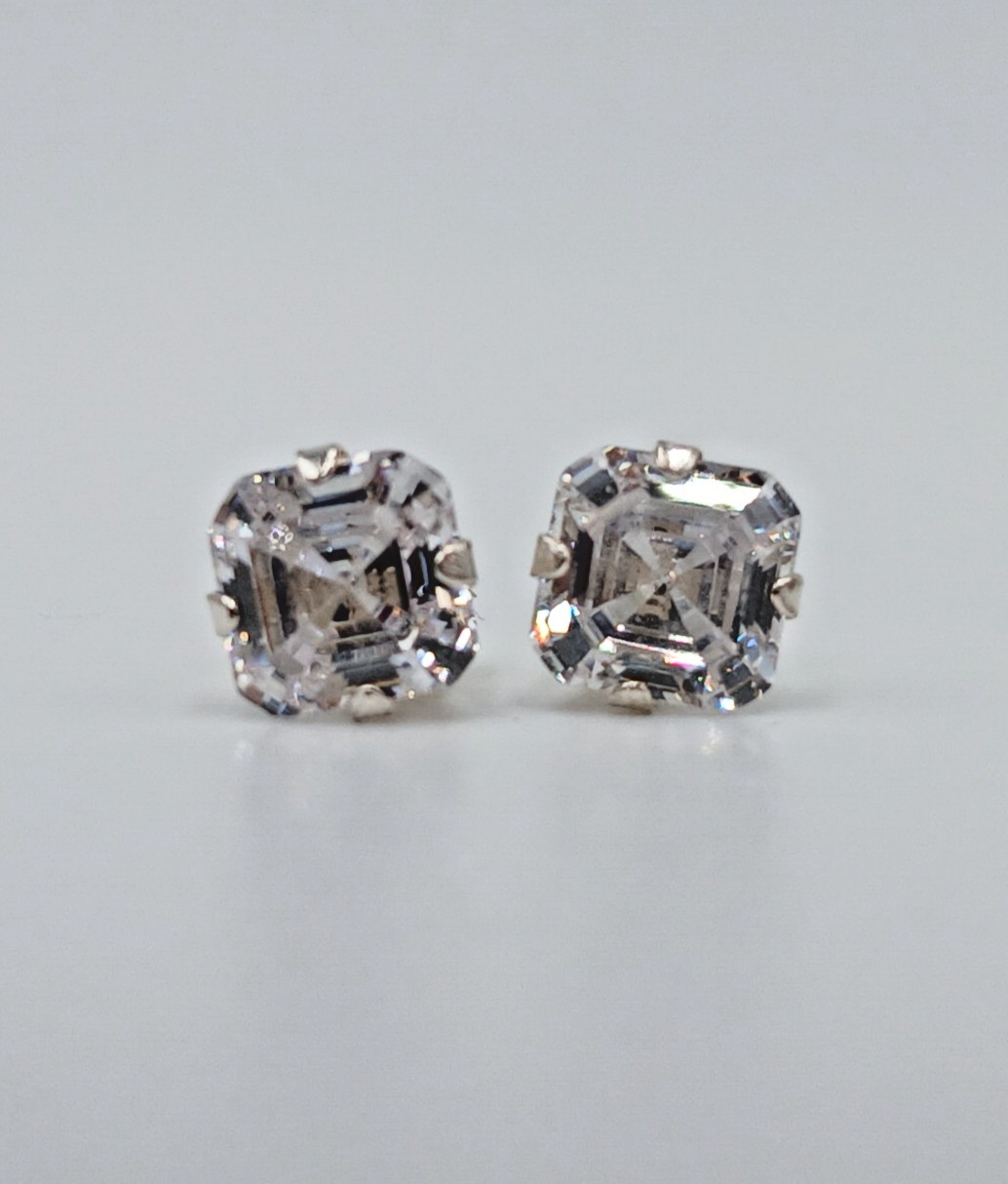 VTG 925 STS Square 6mm CZ Stud Earrings Sterling Silver 1g Asscher Cut Estate