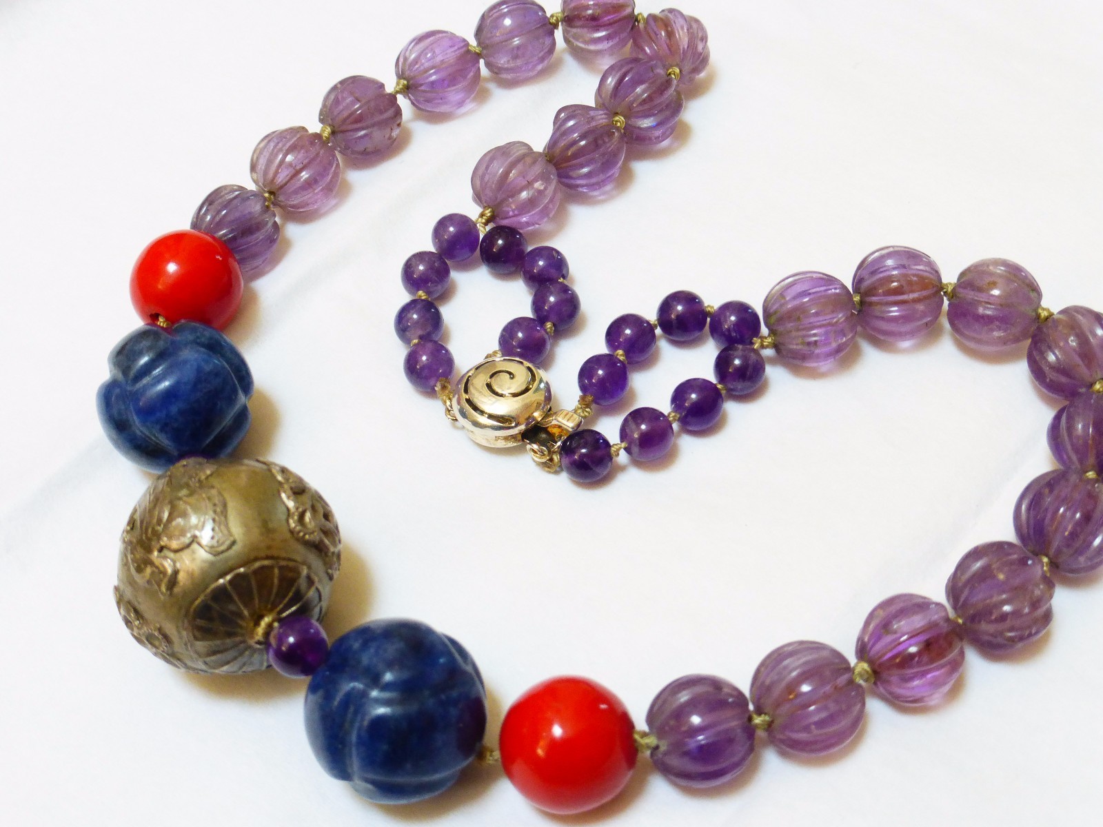 Vintage Carved Amethyst, Lapis, Laquer Beads Necklace, Sterling Bead, Clasp