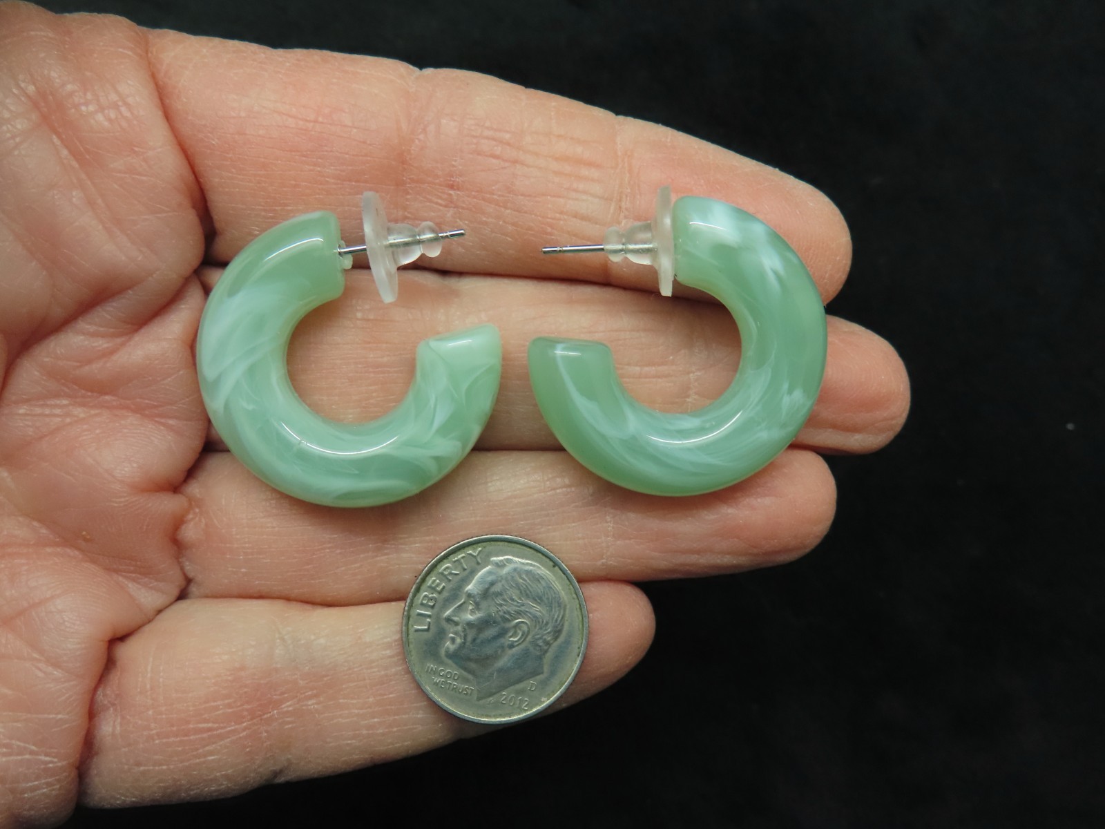 Vintage Marbleized Lucite Faux Jade Hoop Pierced Earrings