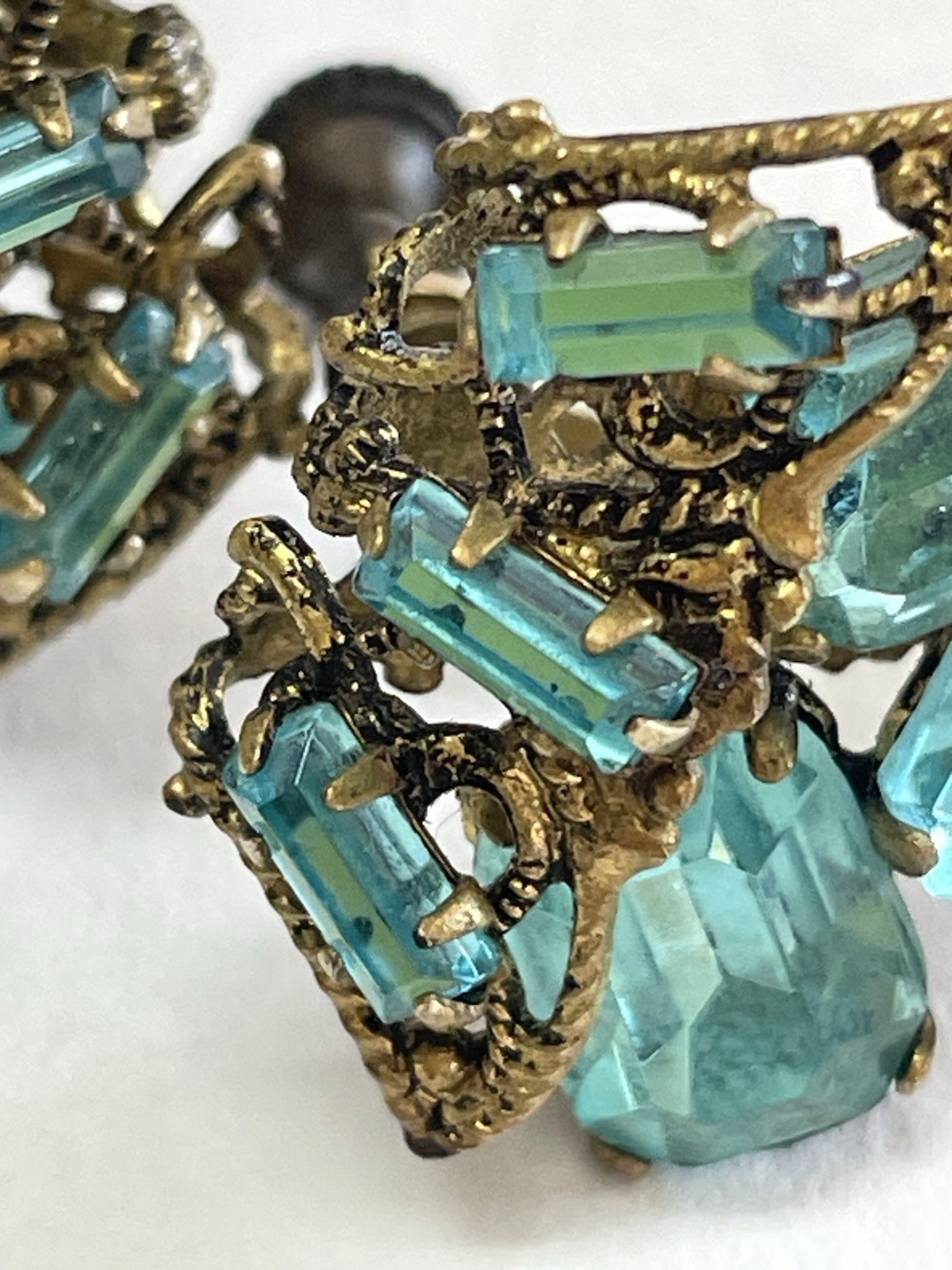 Antique Czechoslovakia Aqua Blue Screw Back Earrings. Art Deco