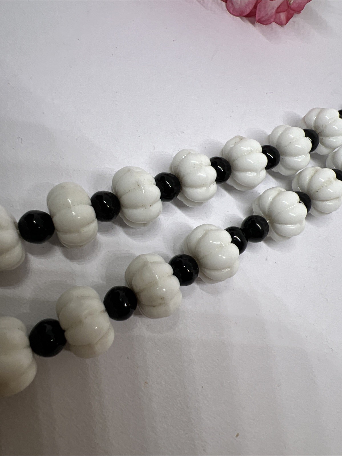 Signed GERMANY Mid-Century Milk Glass & Jet Black Bead Choker 16” Necklace
