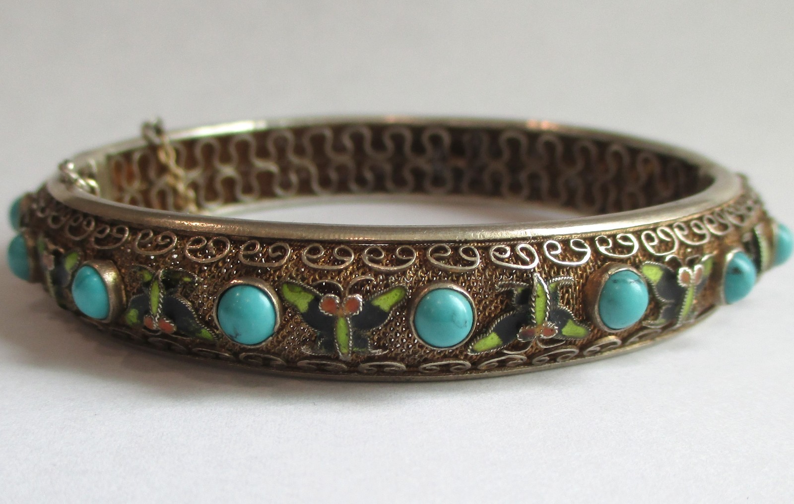 VINTAGE CHINESE STERLING SILVER ENAMEL TURQUOISE HINGED BANGLE BRACLET EXPORT