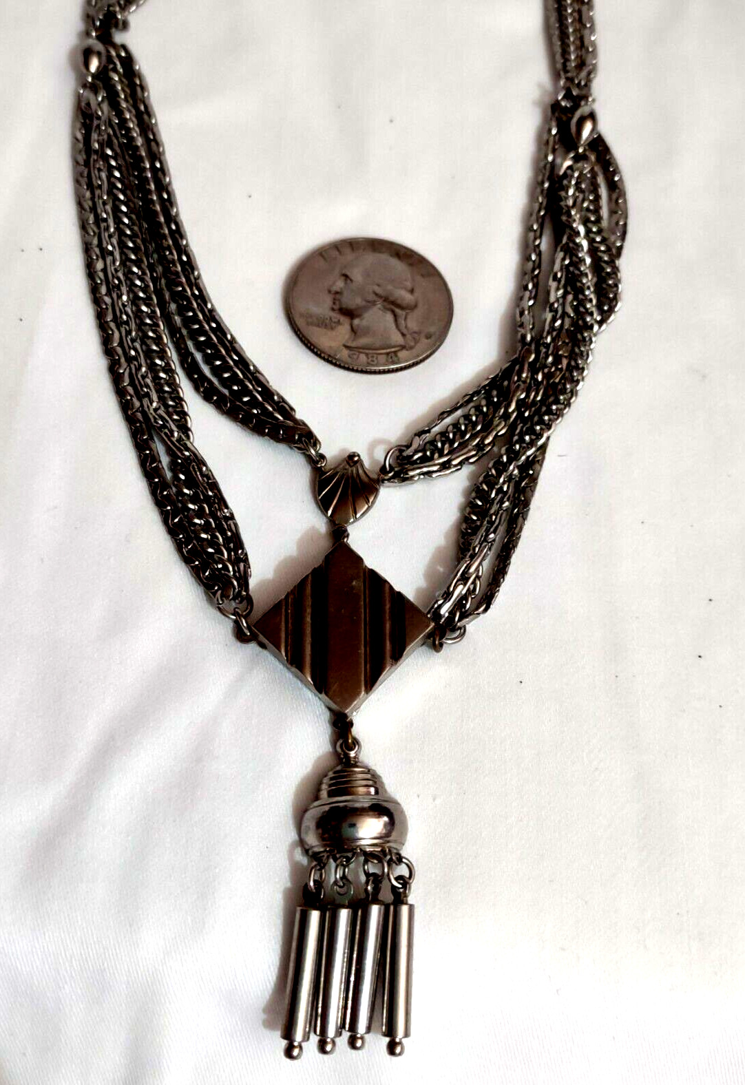 VTG Silver Tone Dbl 3-Strand Necklace 18″ No Mark Metal Tassel Goth Steam Punk