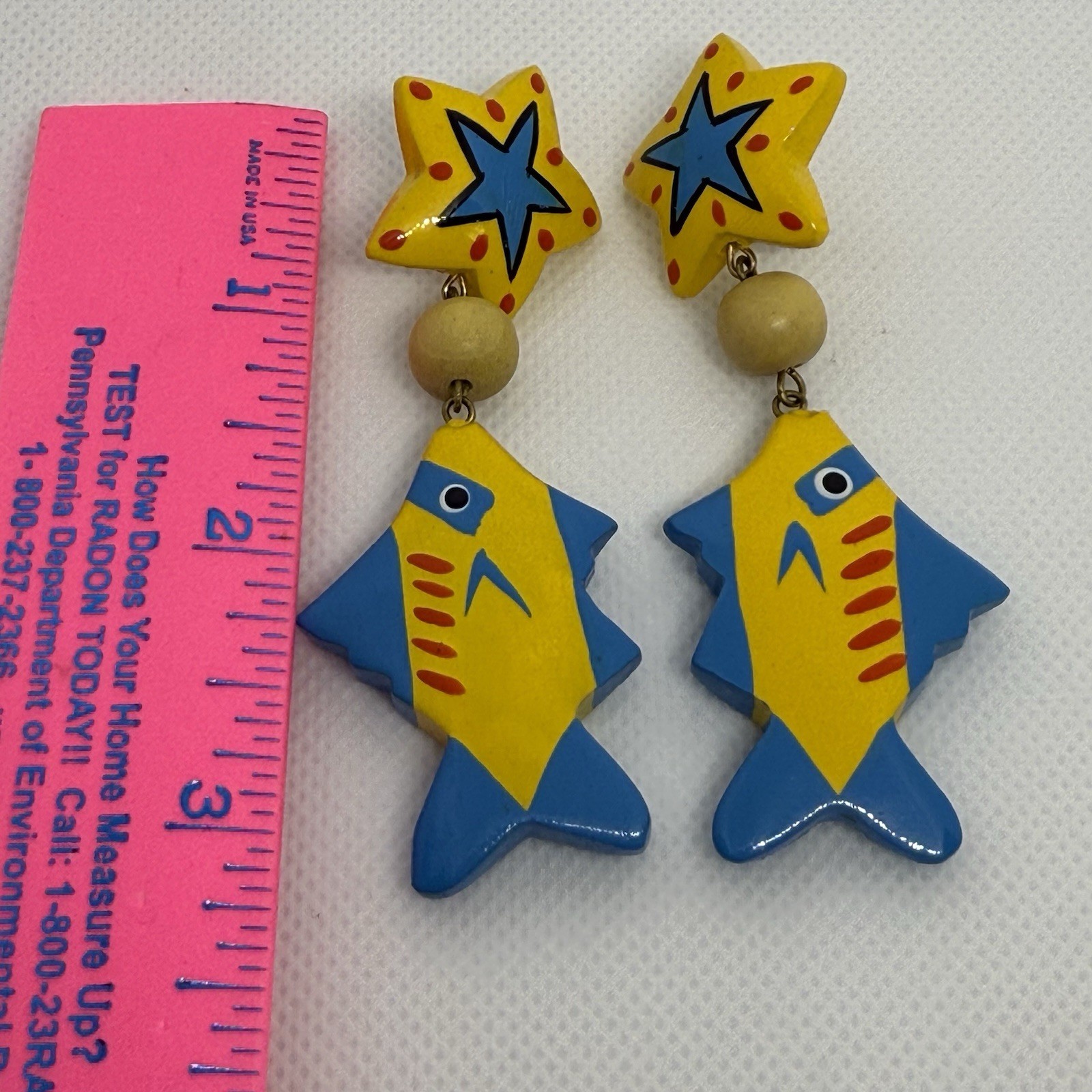 Tropical Fish Earrings Hand Painted Wood Island Coconut Art Beach Vintage