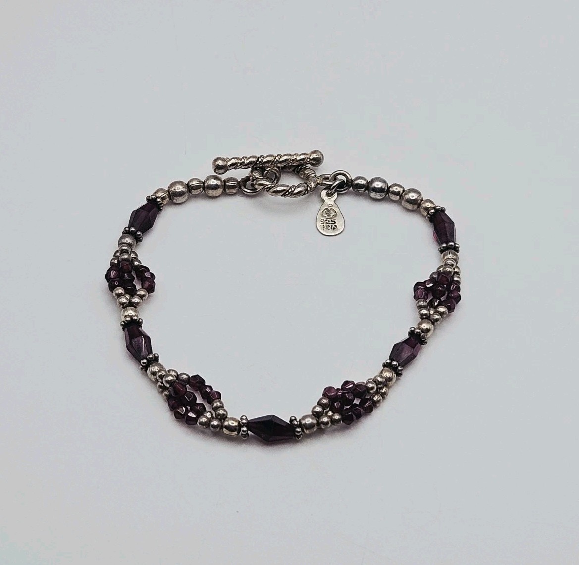 Doug Paulus DP India Sterling Silver Amethyst Beaded Toggle Clasp Bracelet 7.5″