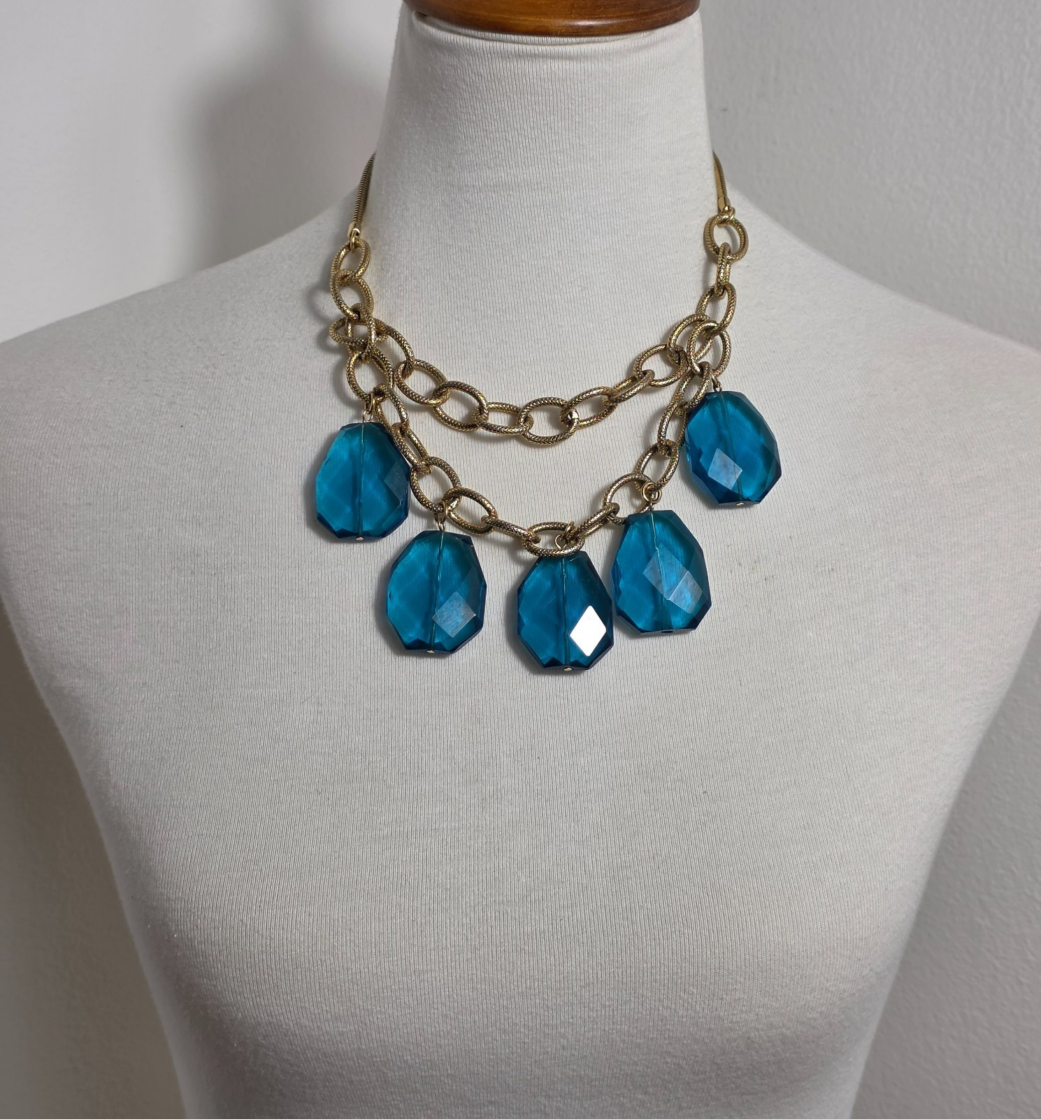 Unbranded Statement Necklace Gold Tone Snake Style Link Chain & Blue Glass Beads