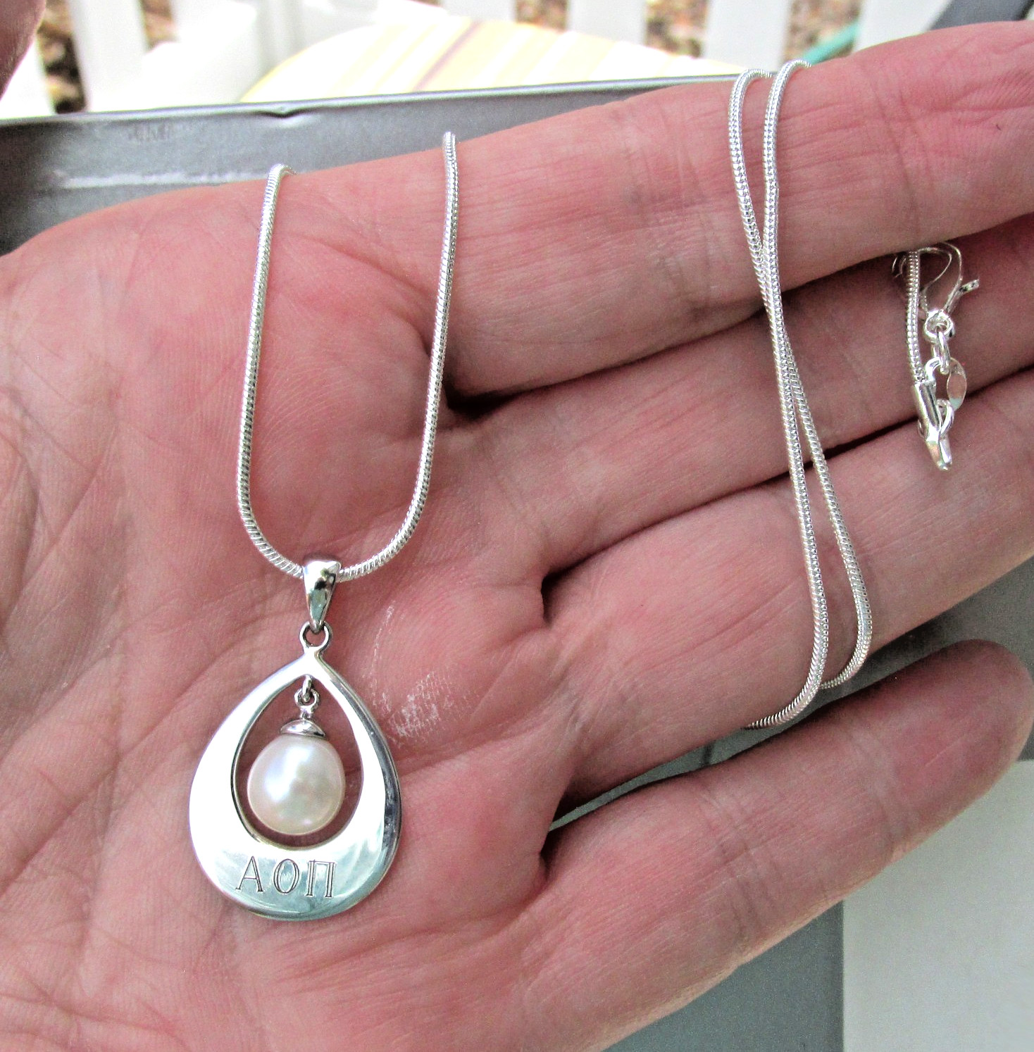 Vintage Sterling Silver Cultured Pearl Marked AON Teardrop Pendant 18″ Necklace