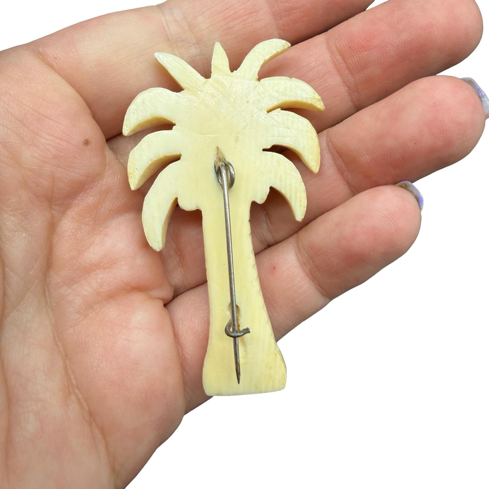 Carved Celluloid Palm Tree Brooch: Antique Art Deco Beach Wedding Jewelry