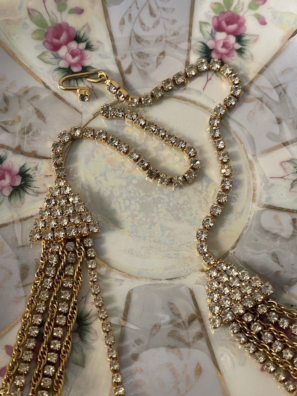 Vintage Multi-Strand Waterfall Rhinestone & Gold Chain Statement Necklace