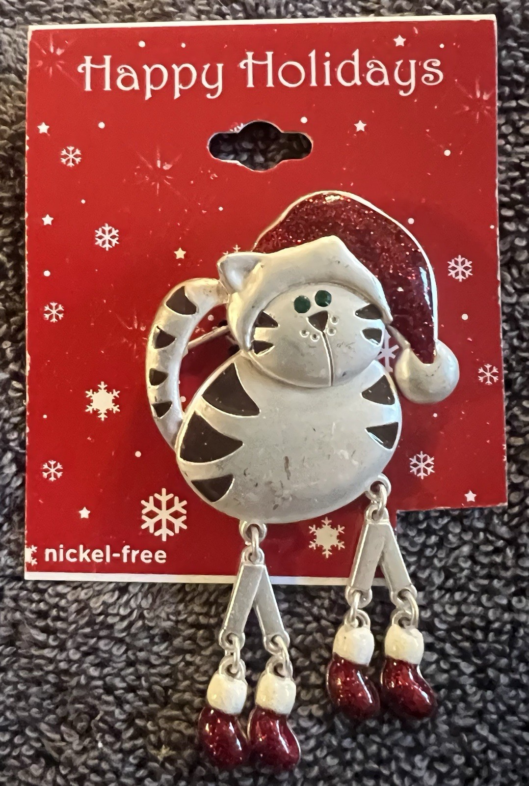 Christmas Silver Cat Brooch with Red Accents! Dangle Legs Santa Hat Nickel Free