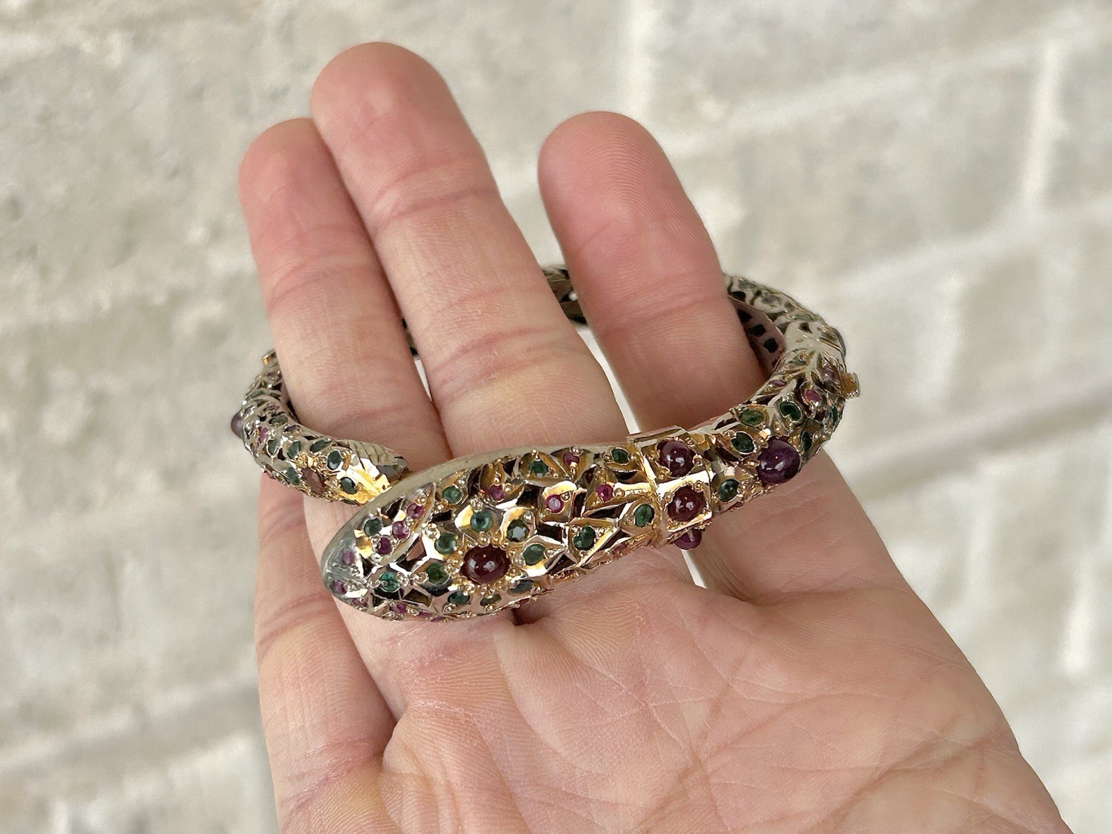 Antique Mughal Ruby Emerald Sterling Snake Bracelet Jewels Of India