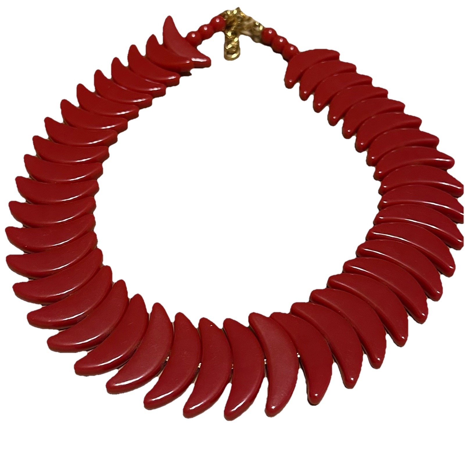 Vintage Monet Red Plastic Necklace Crescent Moon Design