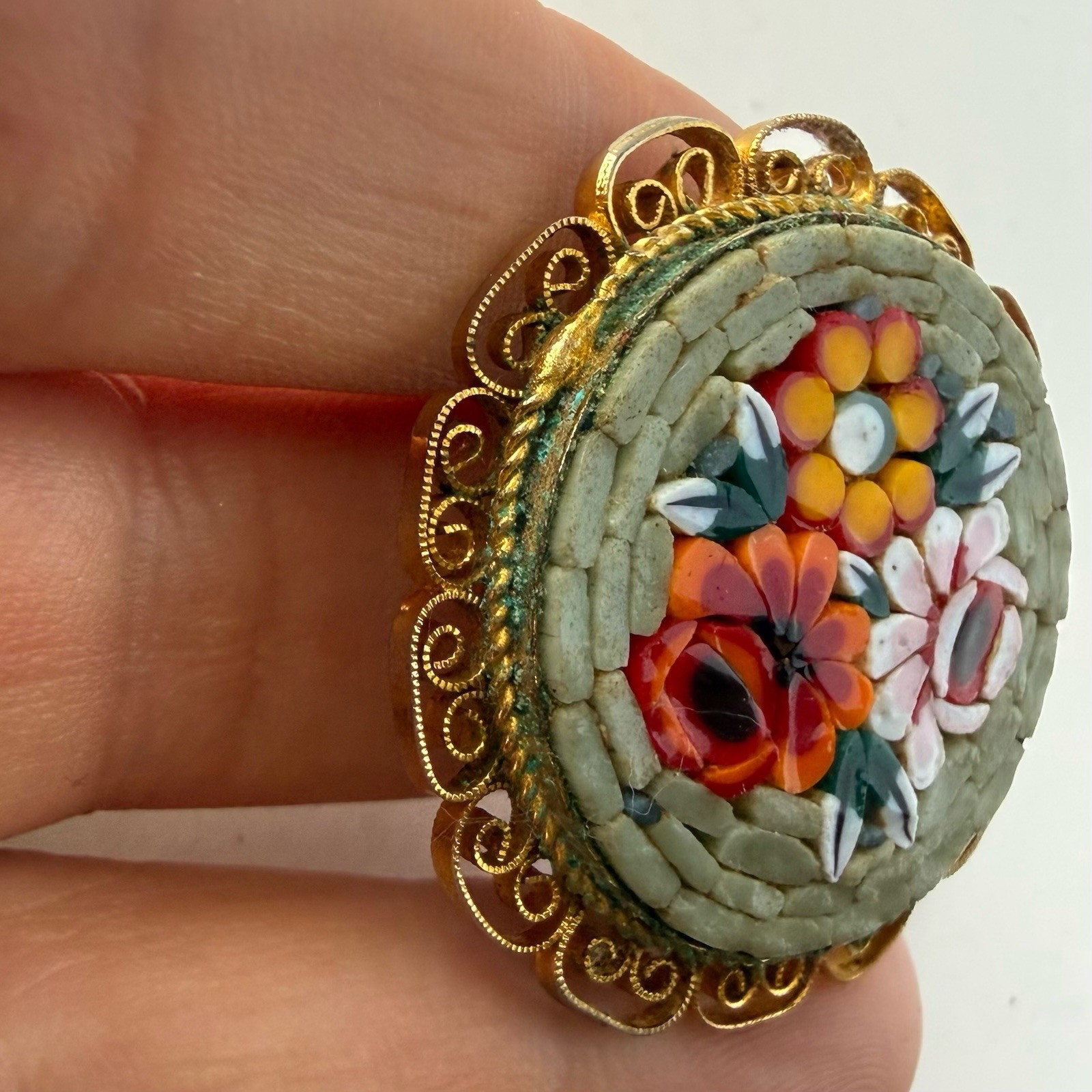 Vintage Micro Mosaic Floral Green Yellow Red Round Brooch Pin Italy