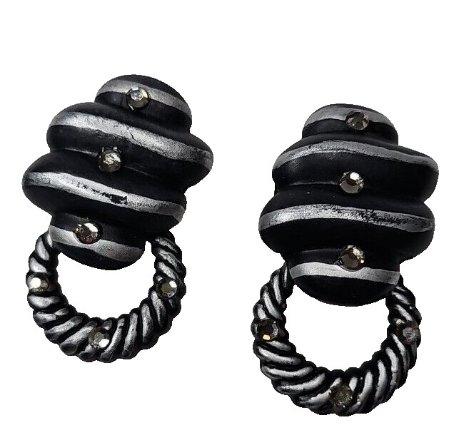VTG Jeff Lieb Clip Earrings Blk/Silver Rhinestone One Of A Kind Custom Handmade
