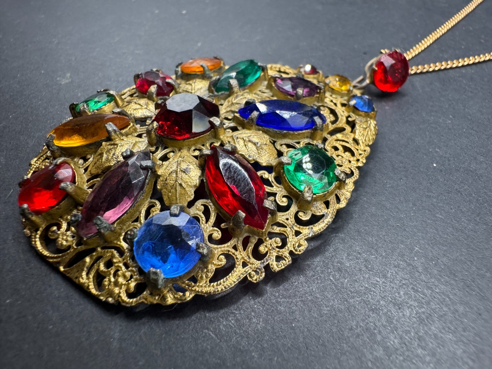 Art Deco Fruit Salad Color Czech Art Glass Filigree Pendant/Necklace
