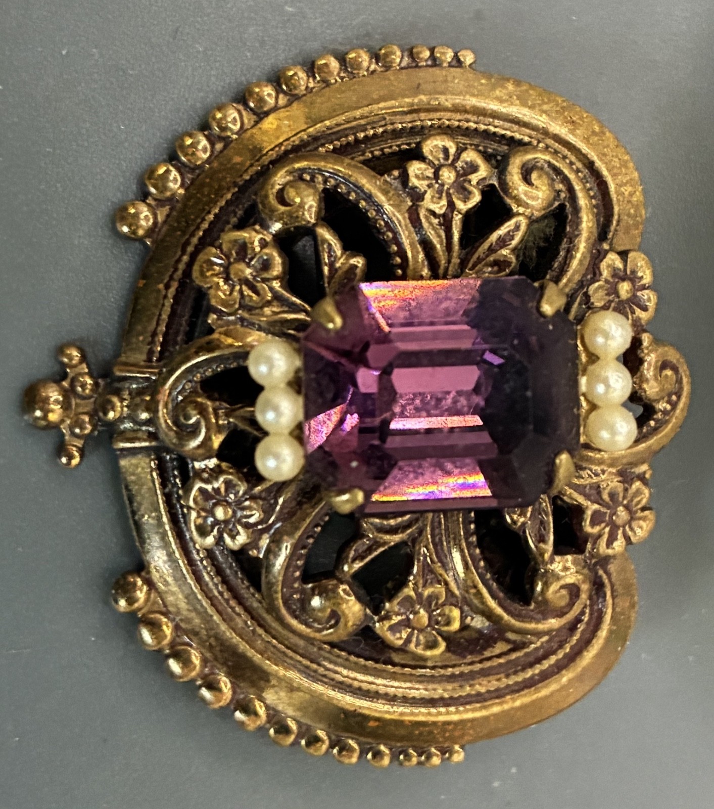 Victorian Era Multi Faceted Simulated Amethyst and Pearl Heart Shaped Brooch