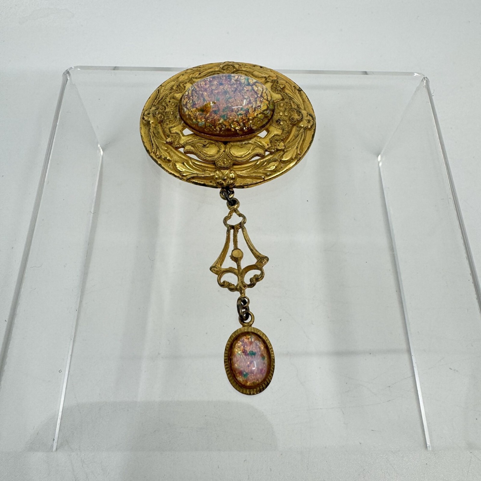 Victorian Revival Czech Foiled Opal Glass Brooch Oval Gold Tone With Dangle 2.5″