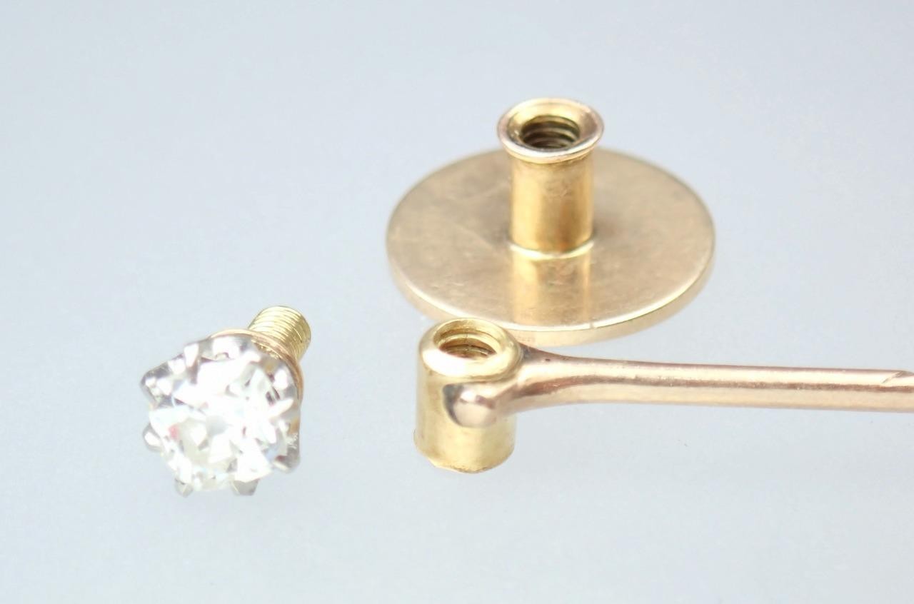 Pretty Antique Victorian 12K Gold Old Mine Cut Diamond Collar Stud Stick Pin Box