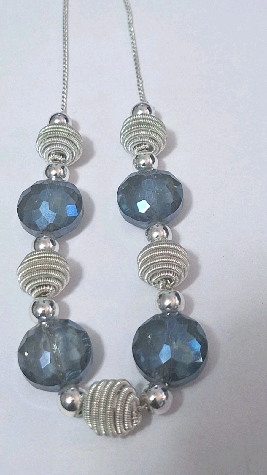 Vintage Crown Trifari Blue/Grey AB Faceted Glass And Metal Beaded Necklace