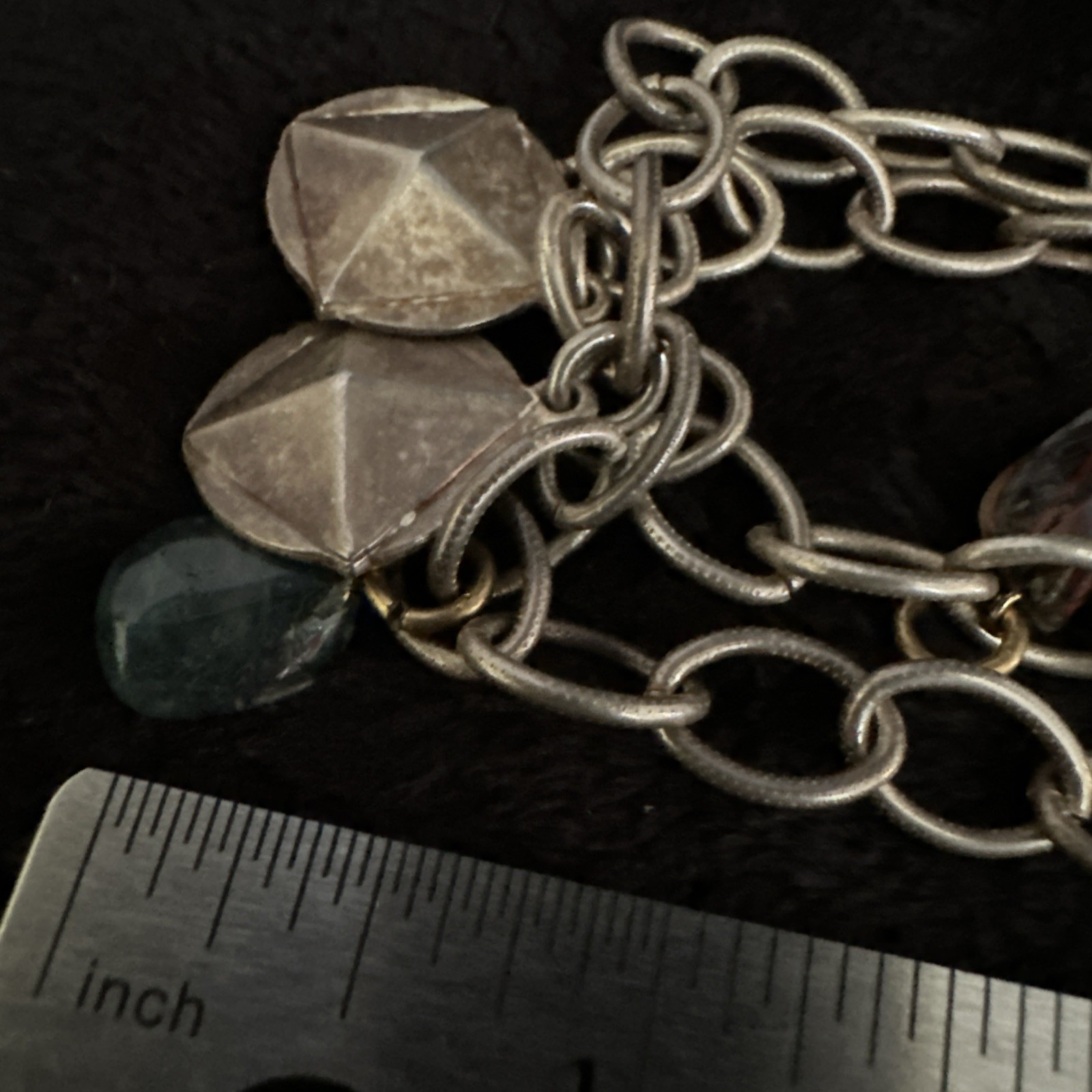 Vintage Silver Tone Chain Charm Necklace With Gemstones