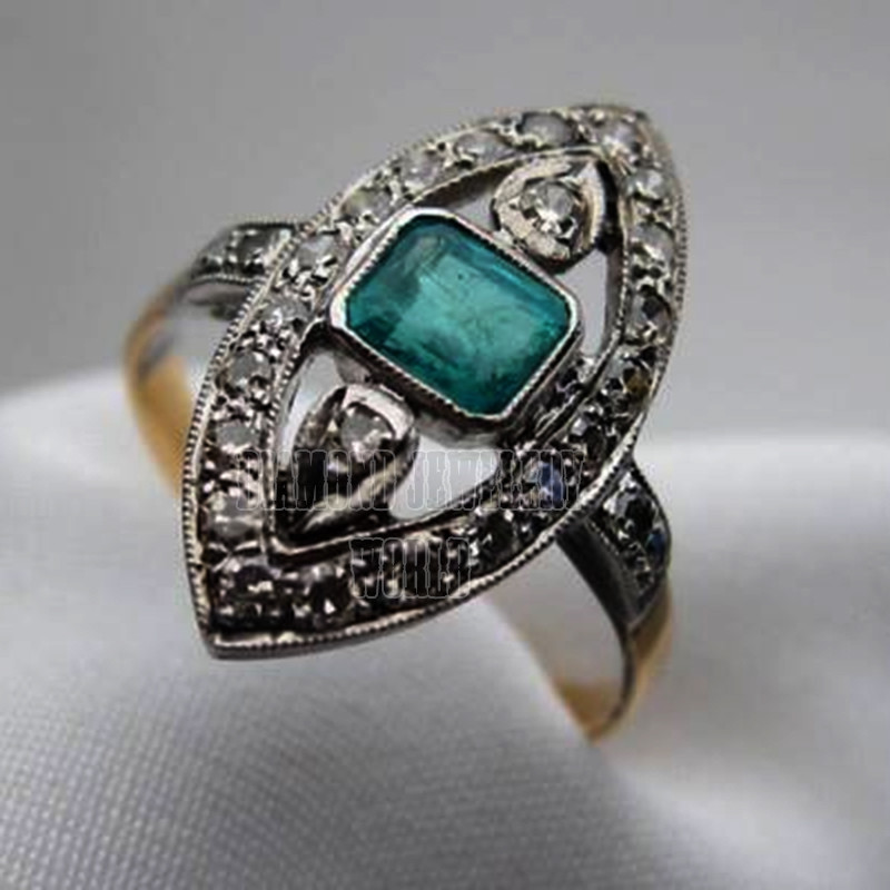 Gorgeous 1.51ctw Rose Cut Diamond Emerald Studded Silver Victorian Ring Jewelry