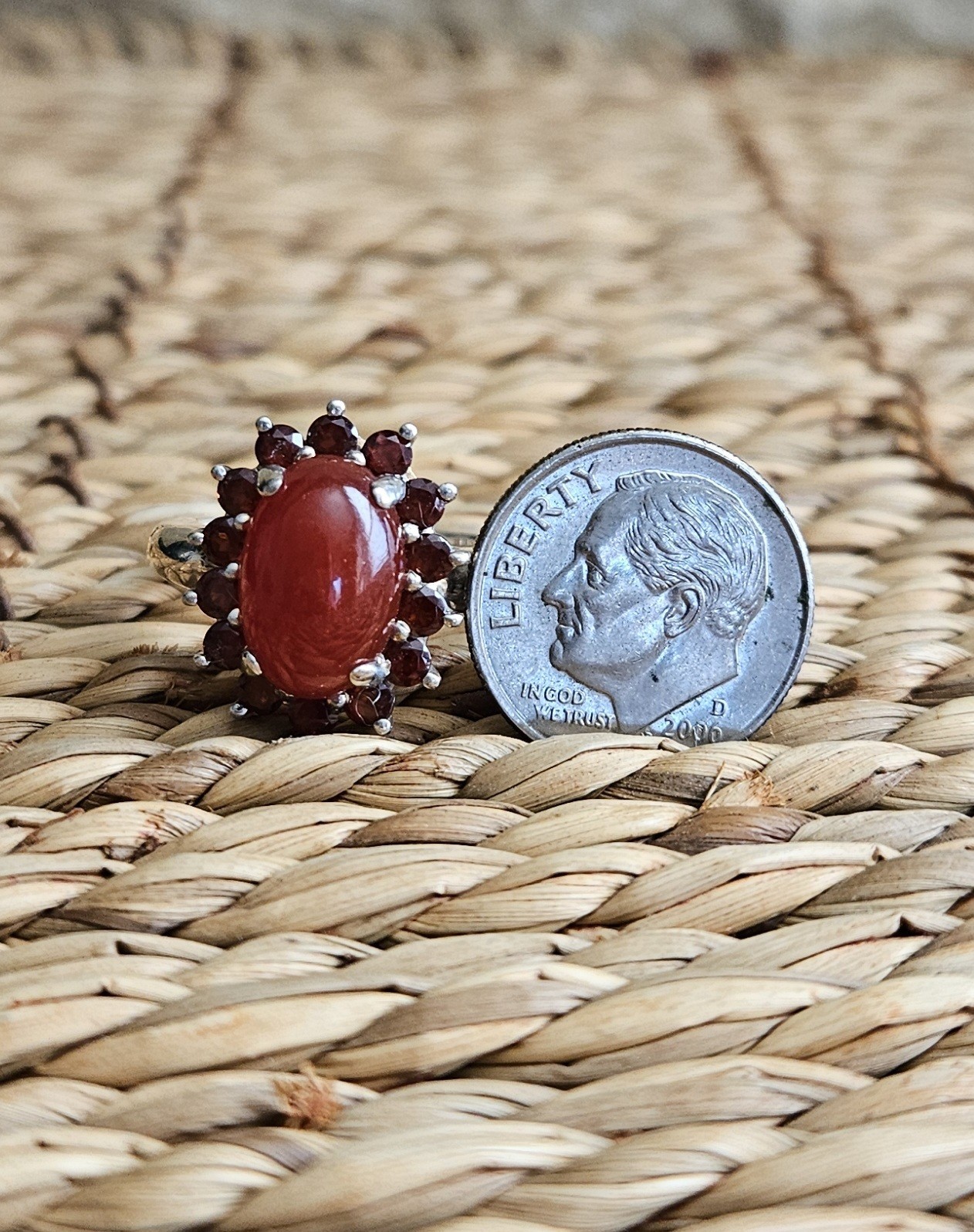 Orange Jade 12 mm Cabochon with Garnets .925 Sterling Silver Ring size 6.75