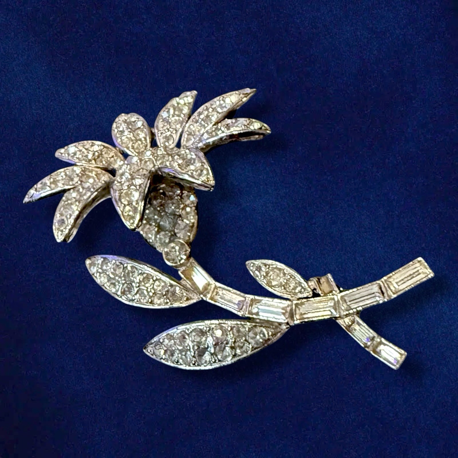 Rhinestone Flower Brooch Signed ORA Rhodium 1940s Large Vintage Pin 3 Inch