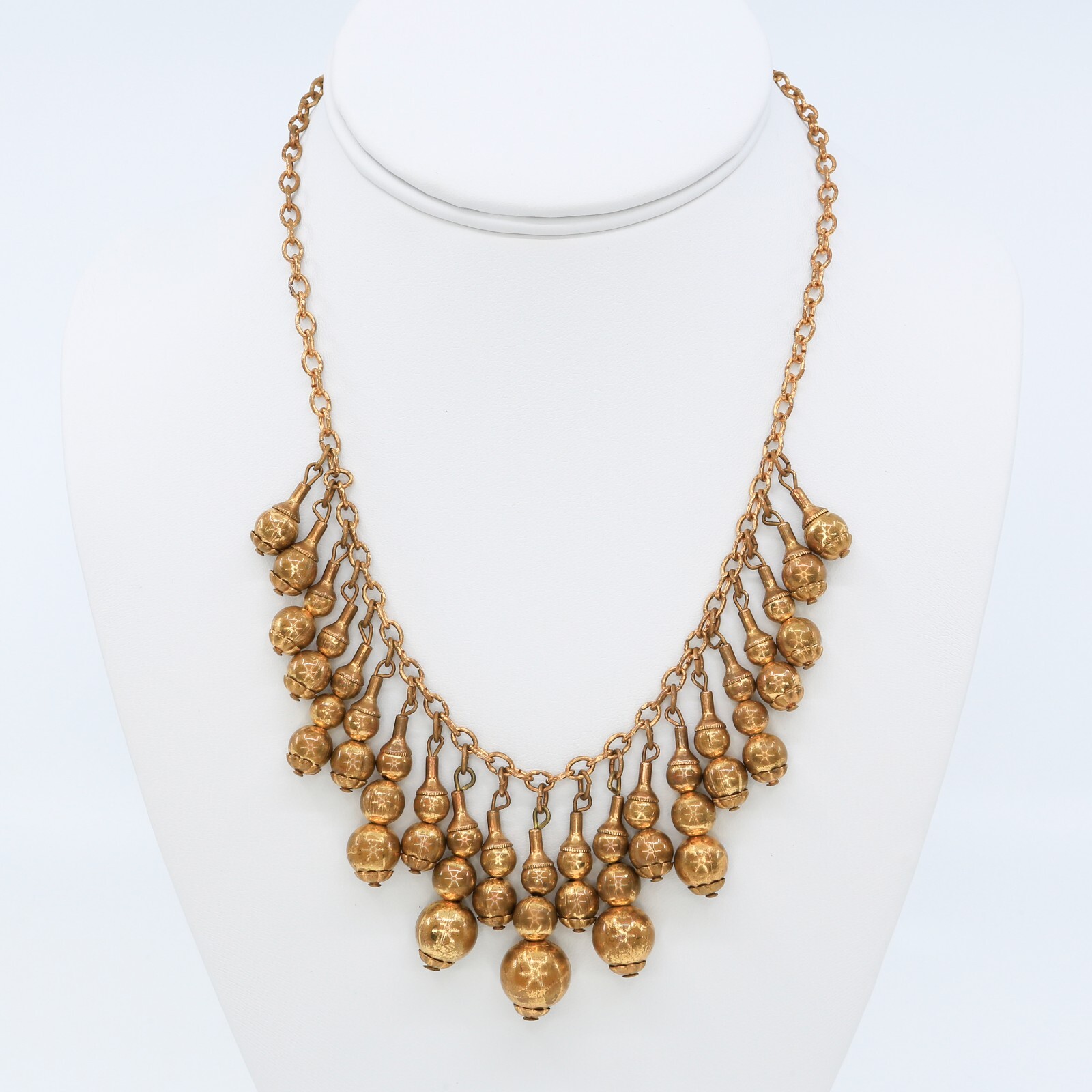 Vintage Early Haskell Style Gold Plated Brass Drop Fringe Bib Necklace 1930s