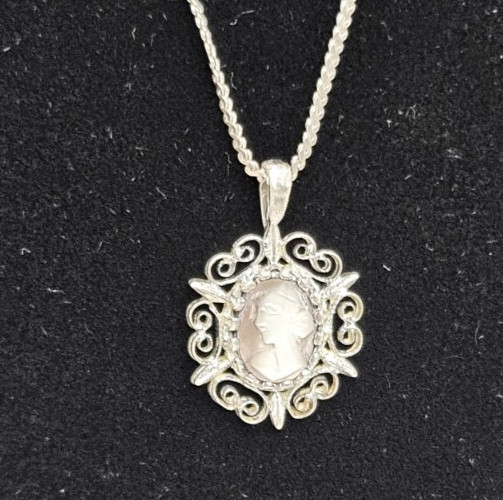 Vintage Avon Sterling Silver Filigree Cameo Pendant Necklace 16″ Chain