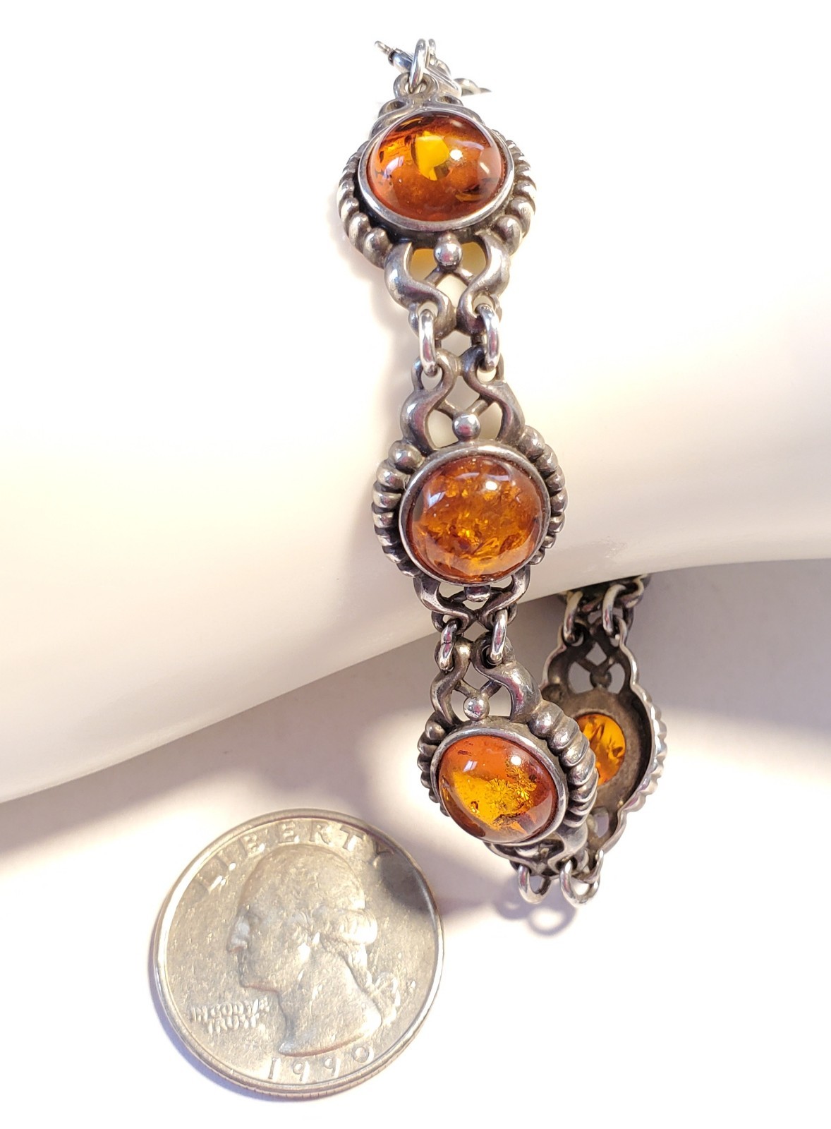Vintage Baltic Amber Bracelet, Sterling Silver, Signed V-8, By Valerio, Poland
