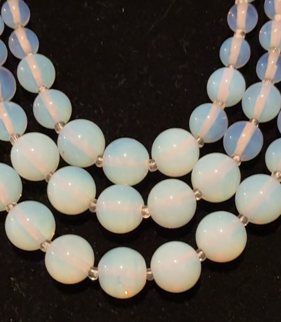 VTG CZECH Art Deco Graduated Blue OPALINE GLASS Triple Strand Festoon NECKLACE