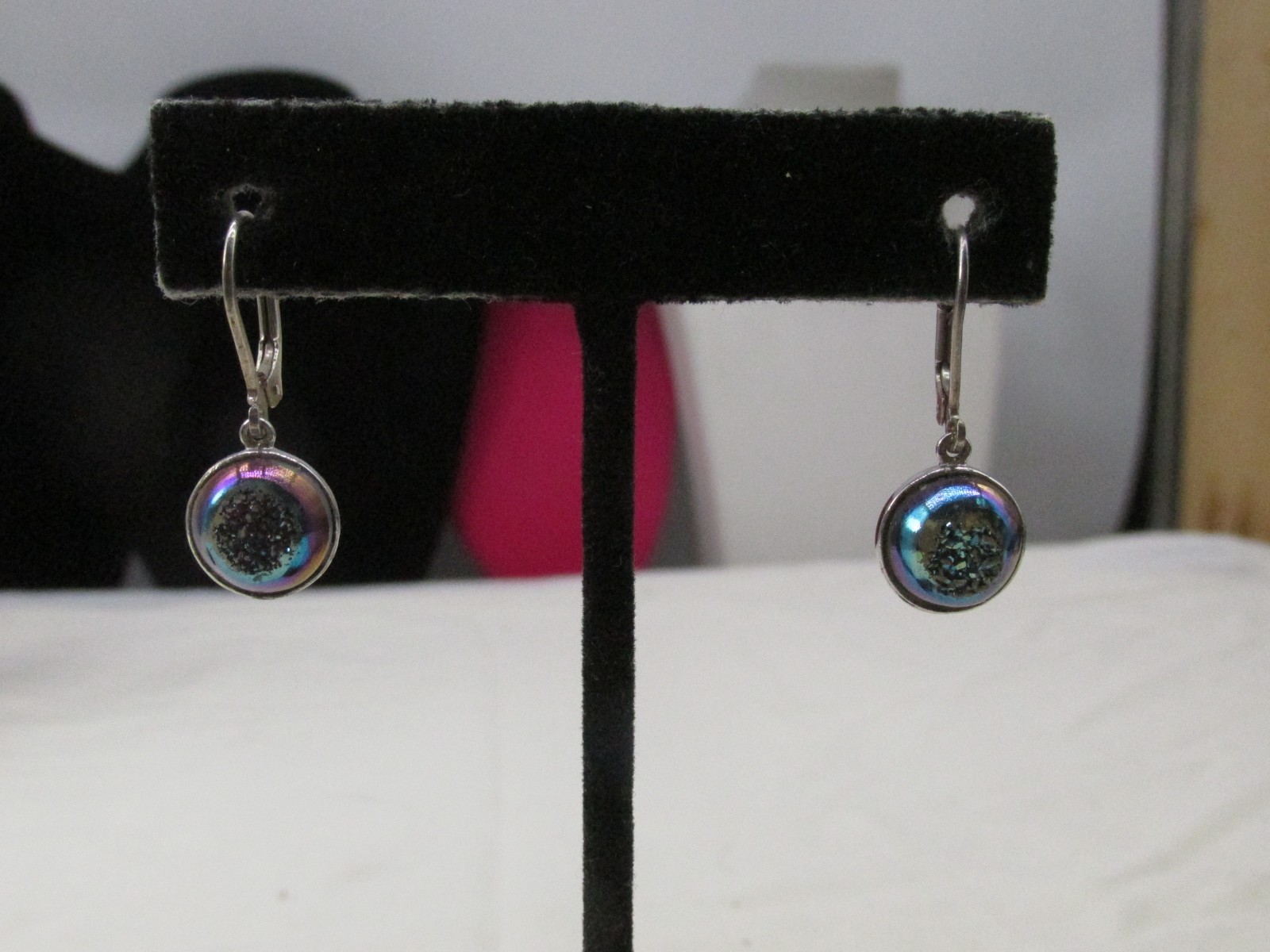 PJC India Sterling Silver Oil Spill Druzy Drop Style Pierced Earrings 1″ #439