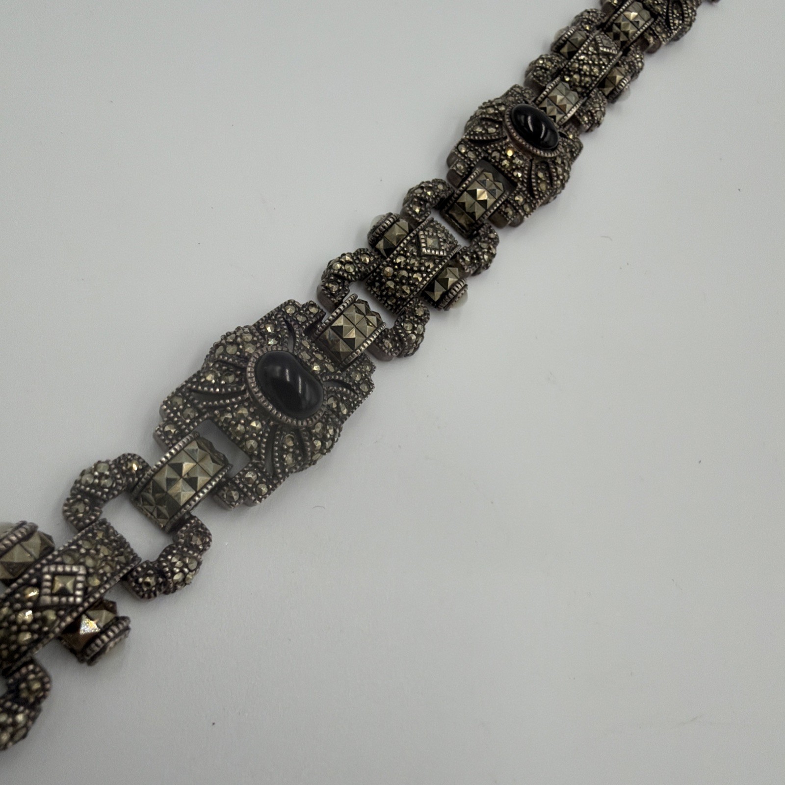 VTG Judith Jack Sterling Silver Marcasite Black Onyx Panel Bracelet 7.5″ 46g