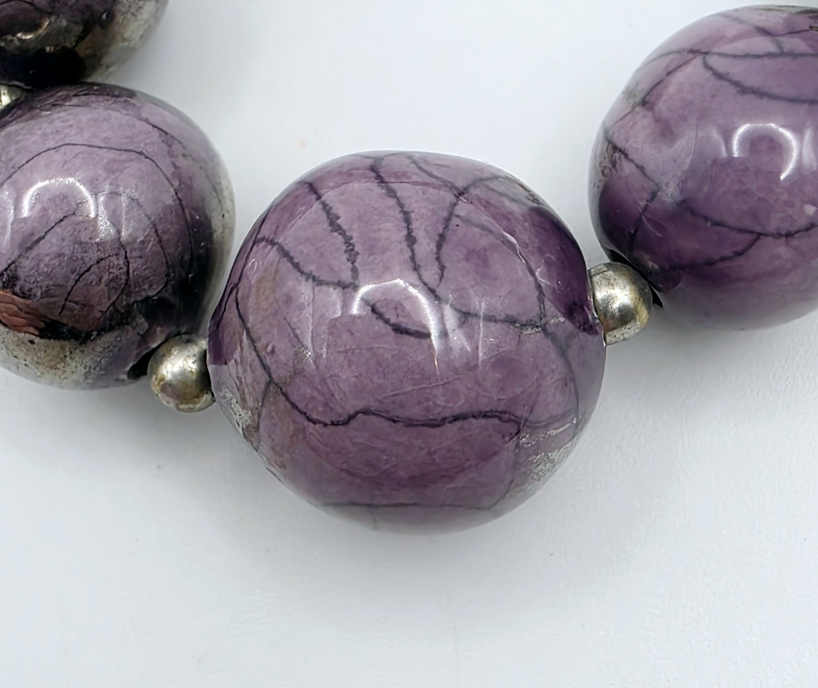 Vintage Sterling Silver Purple Ceramic Beaded Necklace 30″ Long Metallic
