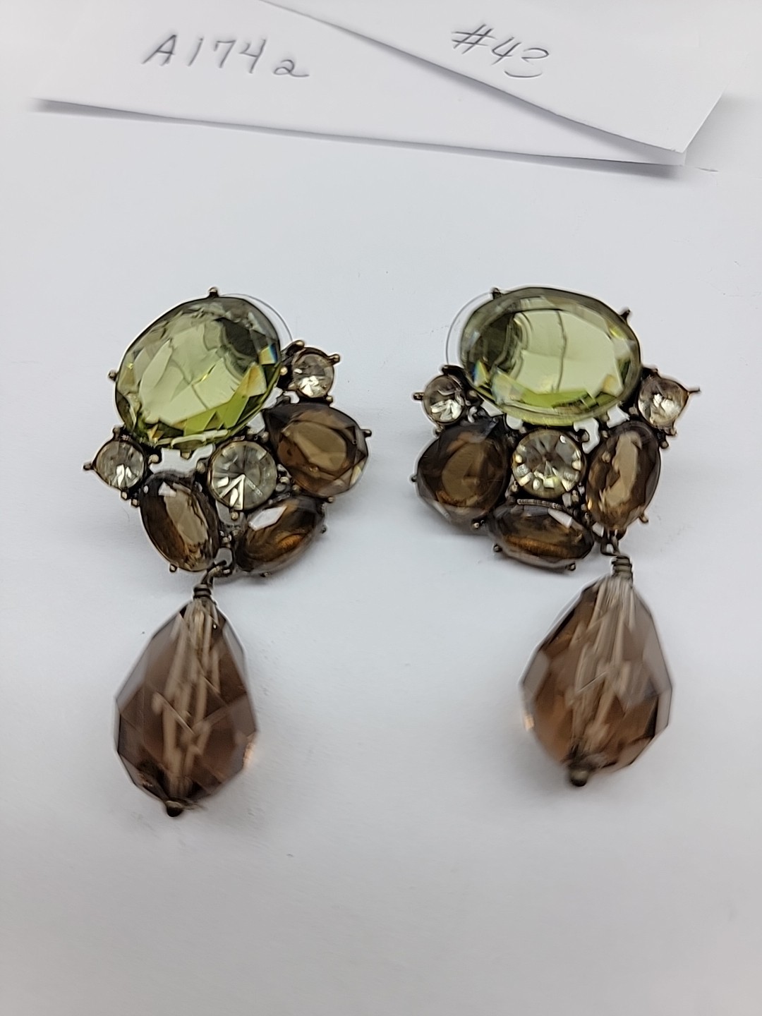 Green Brown Vintage Gem Stud With Bead Dangle Olive Green Golden Brown Unbranded
