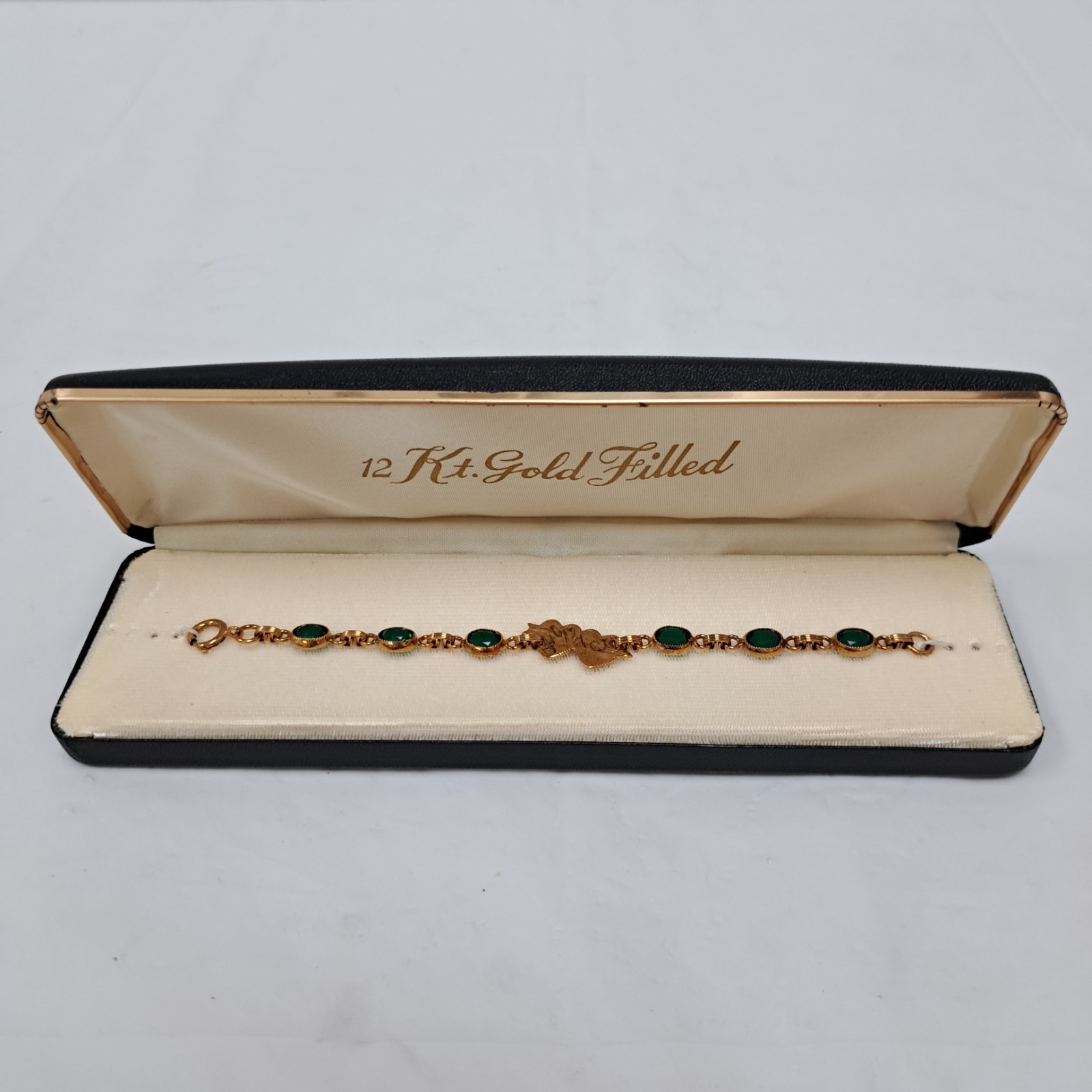 Vintage 6.5 In 12k Gold Filled Green Stone Double Heart Tennis Bracelet With Box