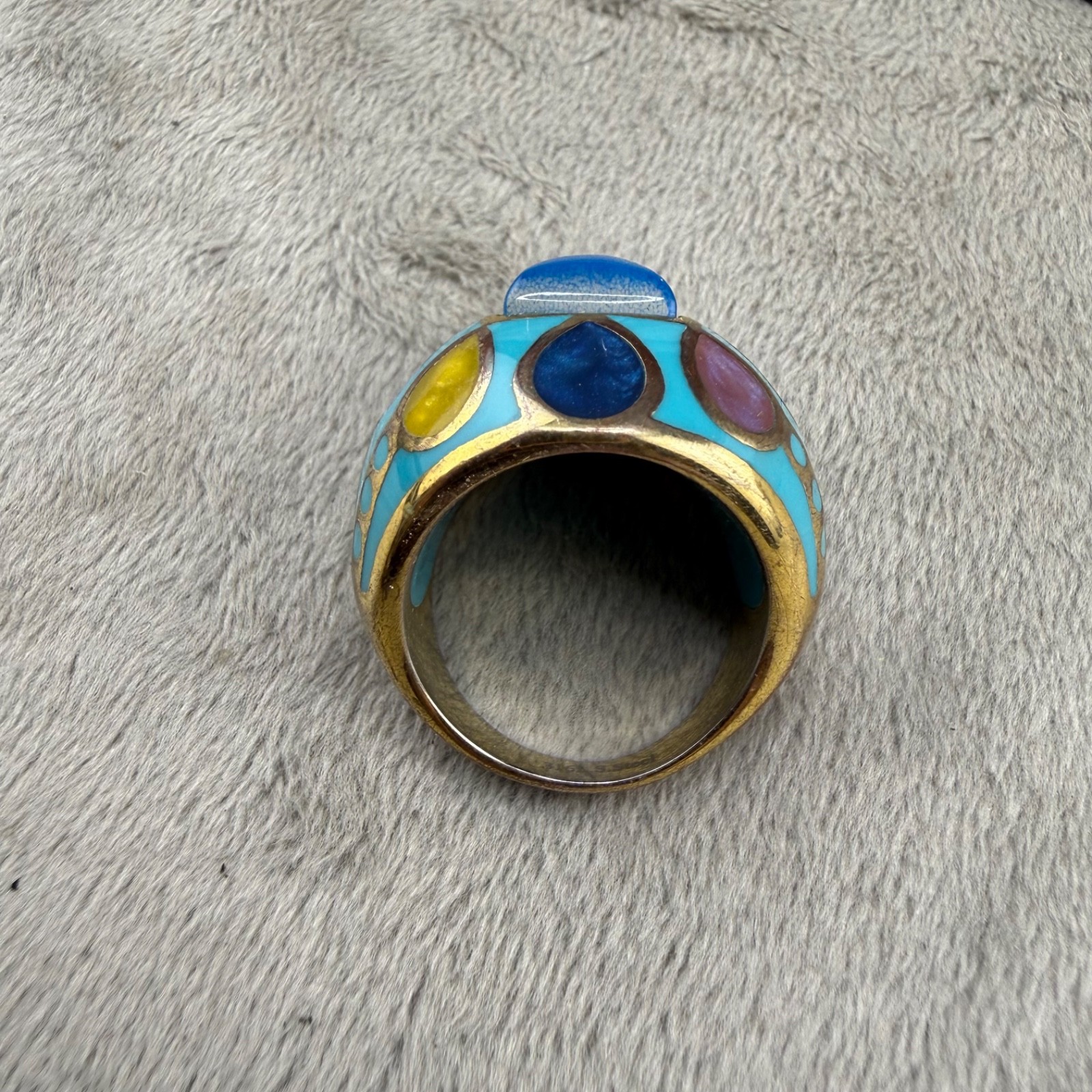 Enamel Dome Ring Blue Abstract Stainless Steel Gold Tone Size 8.75