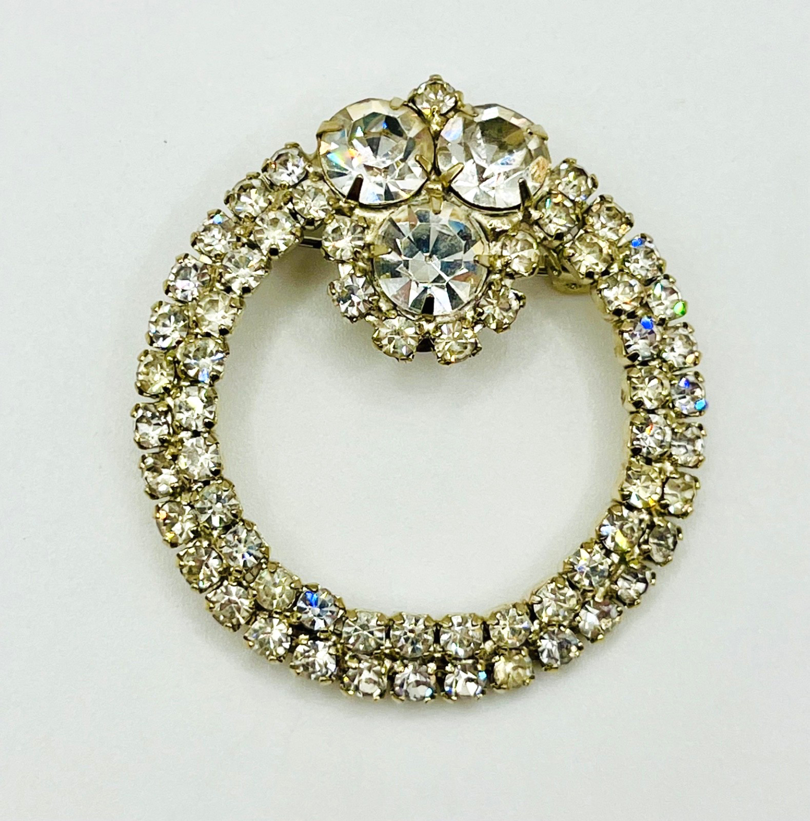 Vintage Clear Rhinestone Wreath Brooch Silver Tone