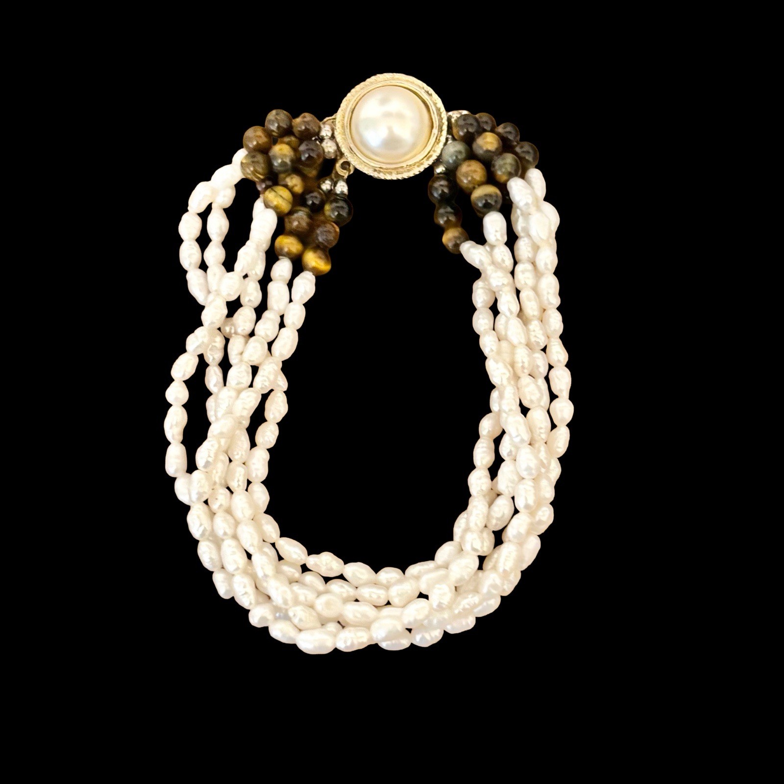 Vtg Multi-Strand Rice Pearl & Tiger’s Eye Necklace Bracelet Set Silver Clasp