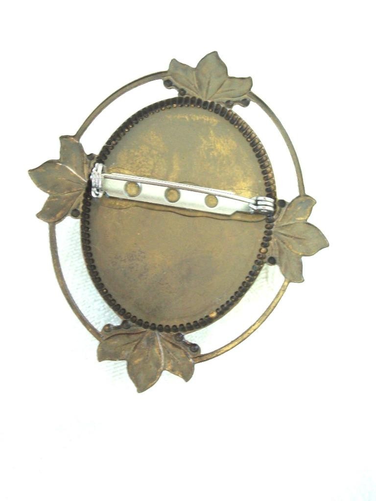 Vintage Nouveau Revival High Relief Teal Cream Cameo Lady Flowers Brooch KJ