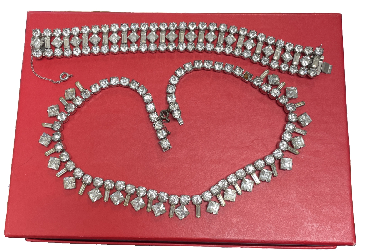 VINTAGE UNSIGNED SILVER TONE RHINESTONE BAGUETTE BRACELET NECKLACE *SEE DETAILS*