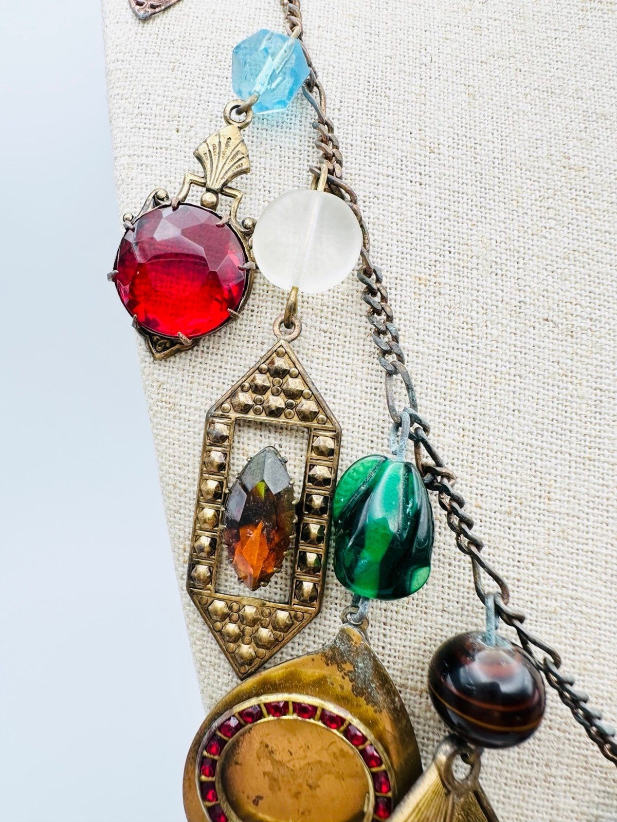 Vintage unsigned brass glass rhinestone charm Necklace 24.5”