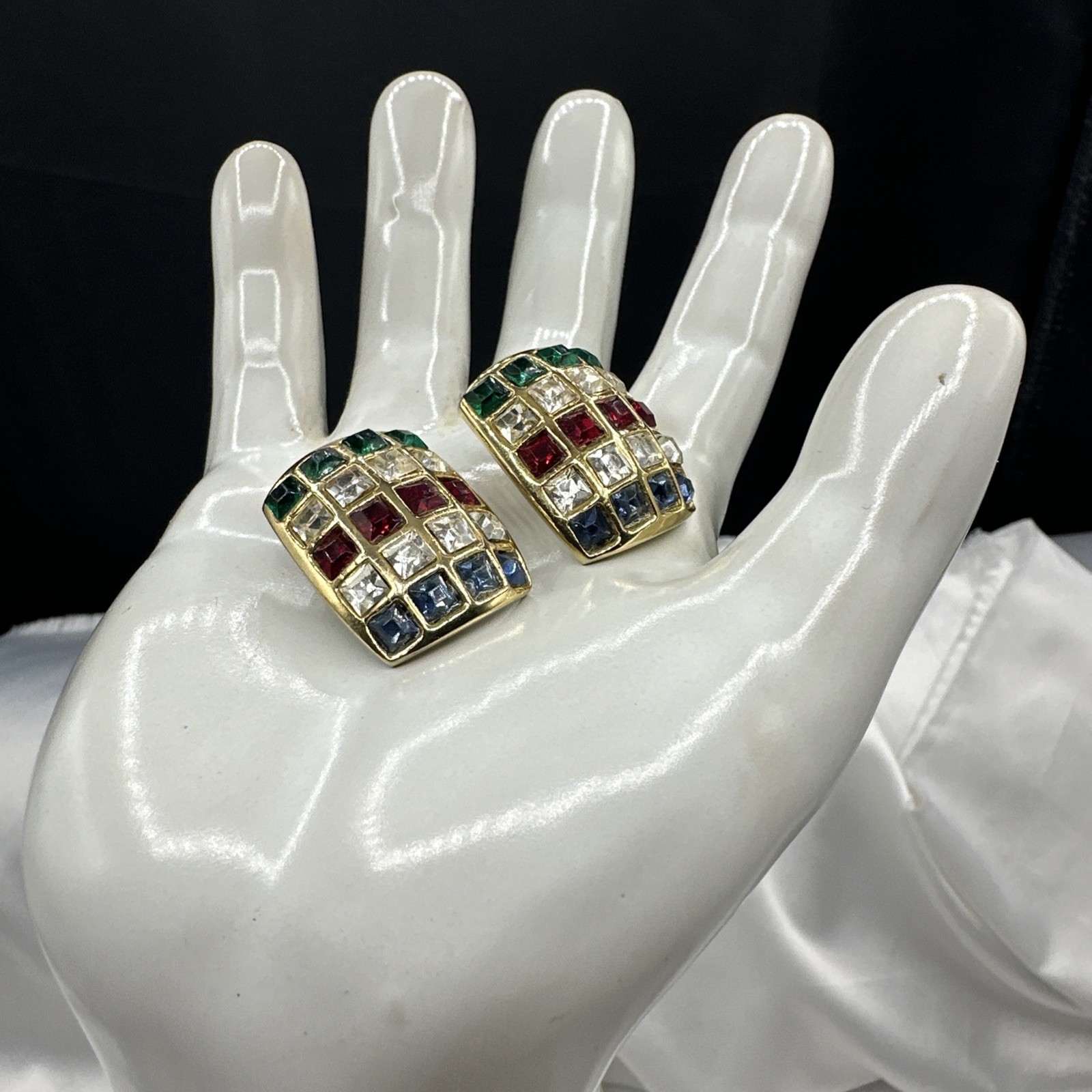 Vintage Multicolored Geometric Rhinestones PanelClip on Earrings. See pics.